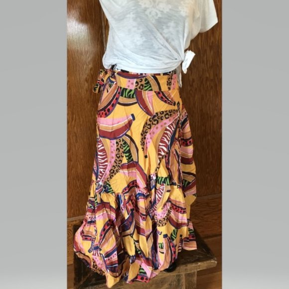 Farm Rio Banana Midi Wrap Skirt Yellow size L - Picture 5 of 11